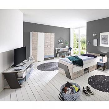 LOMADOX Jugendzimmer Set mit Schreibtisch 5-teilig LEEDS-10 in Sandeiche Nb. mit weiß, Lava und Denim Blau