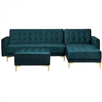 Teal Samt Eckcouch mit Ottomane links
