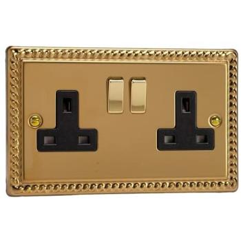 Varilight Classic Georgian Brass 2‑Gang 13A Plug Socket in Yellow, Featuring Black Decorative Insert (XG5DB)