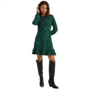 Womens Petite Green Leopard Frill Hem Mini Dress