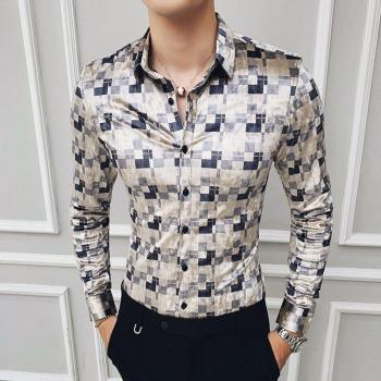 Men's Luxury Velour Long Sleeve Plaid Shirt