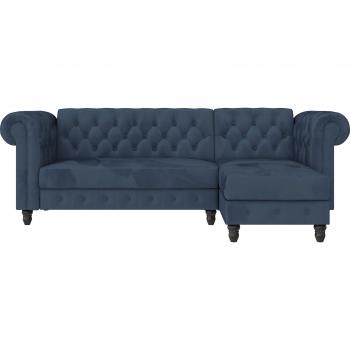 Ecksofa Felix DOREL L‑Form 241 cm – Blau‑Velours mit verstellbarer Rückenlehne