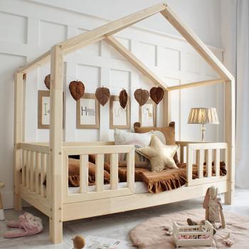 Lit cabane en bois 90x190 avec barrières et sommier