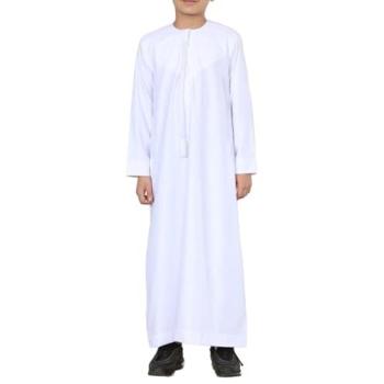 White Emirati Thob for Kids (12‑13), String & Tassel Detail