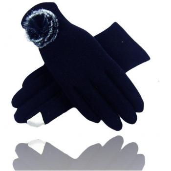 Guanti di Cotone Blu con Pon Pon Taglia 8 e Fodera Pile
