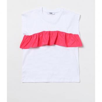 T-shirt MSGM per Bambina in Cotone Bianco con Ruches