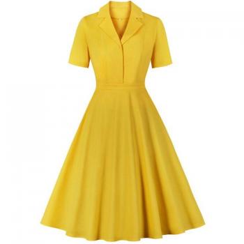 Vestido corto amarillo con cuello muesca estilo vintage para mujer, algodón retro de los 50, línea A
