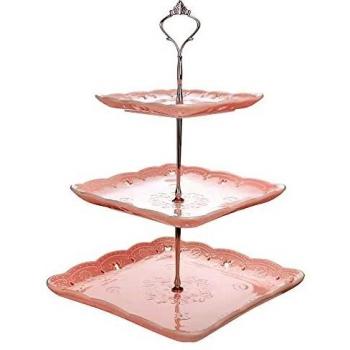MALACASA Sweet.Time Pink Tiered Cake Stand – 14.5” Tall, Ceramic & Porcelain