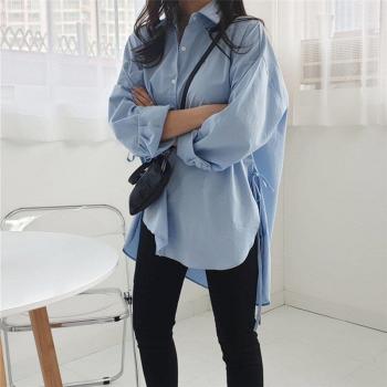 Plus Size Women's Long Sleeve Blouse with Side Split Blue White