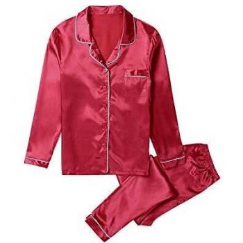 Long Sleeve Silk Satin Pajamas Set Red XL