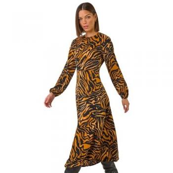 Women’s Tan Mid-Dress, Size 12 – Animal Print Belt Design