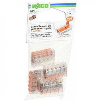 Pack de 5 bornes de connexion rapide à levier WAGO 5 entrées fil souple et rigide