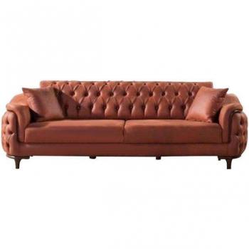Chesterfield Orange 3‑Er-Sofa – Trendiges Dreisitzer Sofa, Samt & Holz, Neu, Made in Europe