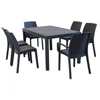 Set Tavolo Fisso in Wicker Antracite 150x90 con 6 Sedute