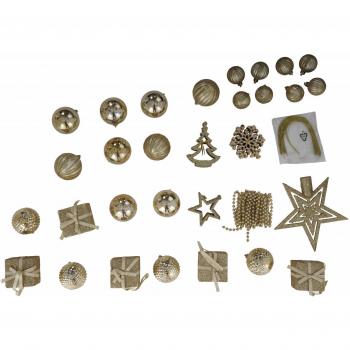 Boîte assortie de boules et ornements de Noël – 50 pièces multiformes (or)