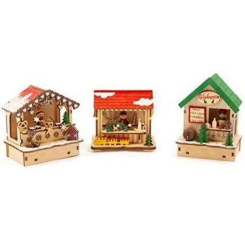 Deko-Lampen Weihnachtsmarkt aus Holz, 3 Hütten