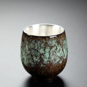 Taza de cerámica Temmoku con adornos de plata esterlina 999 para té