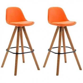 Franklin Barhocker Set (2er) – orange Kunstleder, naturfarbiges Holzgestell + Fußstütze
