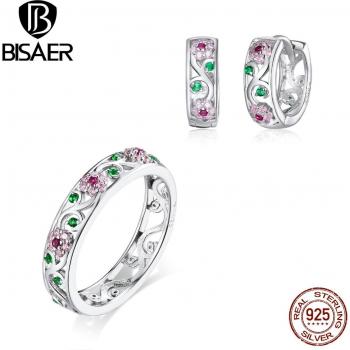 BISAER Rosa Zirkon Ring und Ohrringe Set aus 925 Sterling Silber für Frauen
