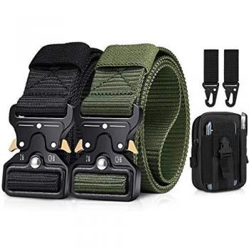 BESTKEE 2er Herren Taktischer Gürtel 1,5-Zoll-Hochleistungsgürtel, Nylon Schnellverschluss-Metallschnalle, Geschenk mit taktischem Molle-Beutel und Haken (schwarz + Khaki)