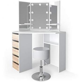 Vicco LED Eckschminktisch Arielle, Weiß/Sonoma, 110 cm mit Hocker