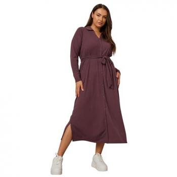 Purple Button-Front Mid-Length Dress, Ribbed Detail, A‑Line Fit