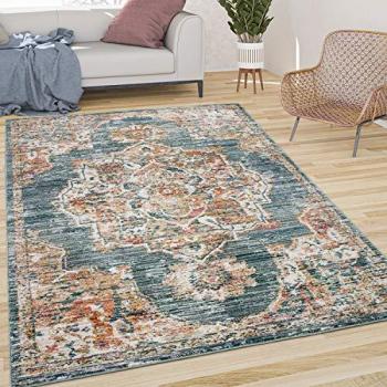 Tappeto Vintage Orientale 120x170 cm con Bordura Verde Beige, Pelo Corto
