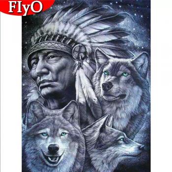 Rhinestone Indian Wolf Portrait Painting – Full Circle 20x30cm