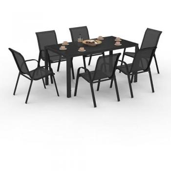 Table de jardin 150 cm avec 6 chaises empilables noires