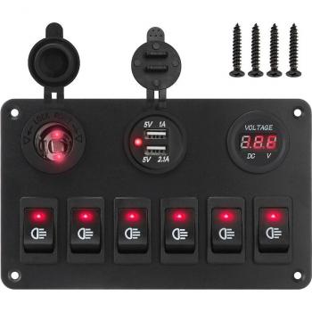 6 Gang Rocker Switch Panel with Dual USB Ports for Car Marine
