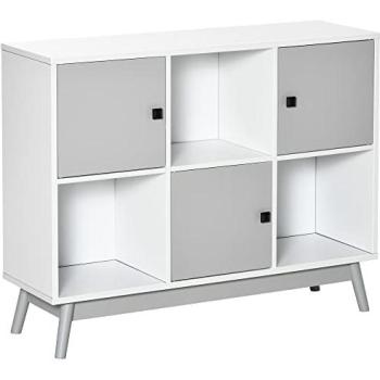 Buffet Homcom 3 Portes 3 Compartiments – pieds en pin, panneaux de particules – 96 × 30 × 75 cm – couleur blanc-gris