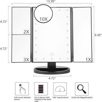 22 LED Light Makeup Mirror (2x3x10x) Magnification, 3‑Fold Vanity Mirror with 180° Rotation, Touch Dimmer, Table Mirror