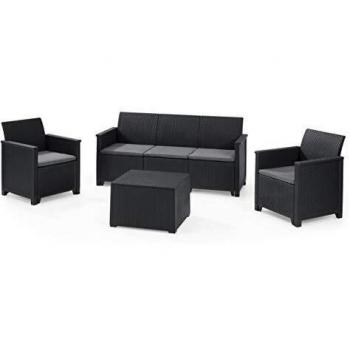 Keter Emma Lounge Set, Set Mobili da Giardino in Rattan con Divano 3 Posti, 2 Poltrone e Tavolino, Nero