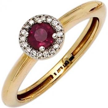 Damen‑RING 585 Gold Gelbgold Bicolor: Rubin Rot + 18 Diamanten (54 mm)