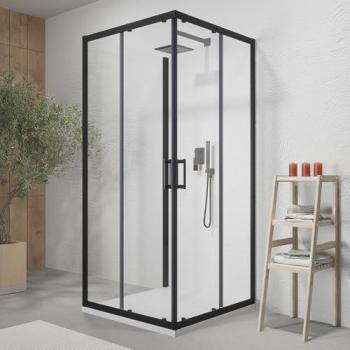 Cabine de douche 70x70x70 cm avec double porte coulissante, profilé aluminium noir mat, paroi fixe en verre 6 mm – modèle Tremiti réversible, h = 