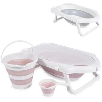 Cangaroo Babybadewannen-Set Hawaii 4-teilig faltbar mit Ablagefächern und Wasserablauf rosa