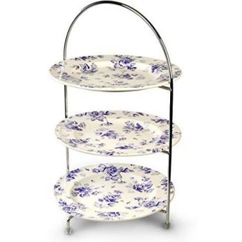 Royal Utopia Chrome 3-Level Cake Stager – 43 cm with 3xVintage Faith 25 cm Serving Platters