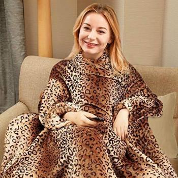 Wearable Fleece Blanket with Sleeves and Foot Pockets, 200x170CM Leopard