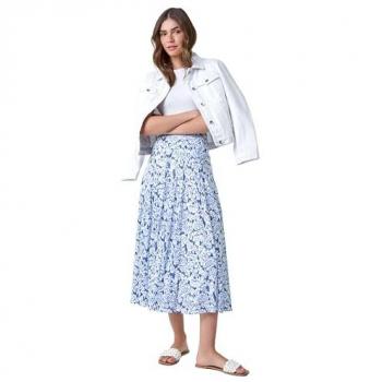 Elastic Waist Mid Length Paisley Skirt – Blue (Roman)