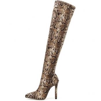 NIUFUNI Women's Pointed Toe Over The Knee Boots in Snake-Print with Thin Heels