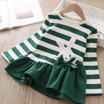 Vestido de Niña con Estampado de Dibujos Animados, Manga Larga y Rayas, Otoño