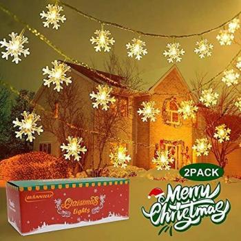 Christmas String Lights, 2 Pack Snowflake Fairy Lights 40 ft 80 LED Battery Operated Waterproof for Xmas Garden Patio Bedroom Party Decor Indoor Outdoor Celebration Lighting (Snowflakes-Red)