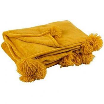 J‑Line – Couverture Pompon Polyéthylène Ocre 130 × 170