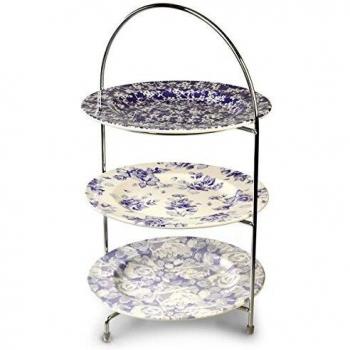 Vintage Plate Set & 3‑Tier Chrome Cake Stand – 43 cm Display Unit