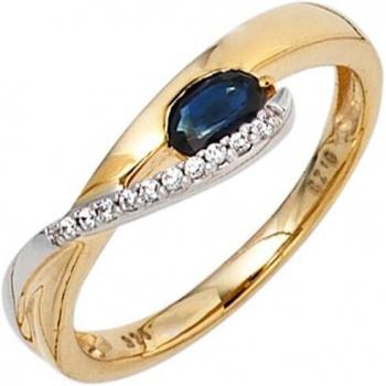 Juwelenschein Ring: 1 Blau‑Safir, 10 Zirkonia, 333 Gold – Gr. 54