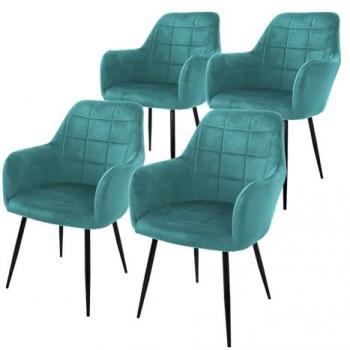 Lot 4 chaises de salle à manger ECD Germany – turquoise, aspect velours, design moderne/rétro