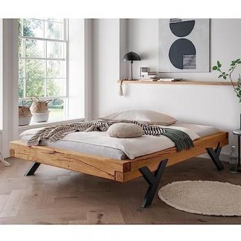 Eiche Massivholz Doppelbett 140x200 cm ohne Kopfteil Y-Beine schwarz