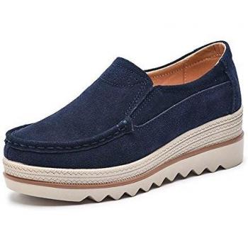 Khaki-Wildleder-Damen-Mokassins Plateau Loafers – 37, 5 cm Keilabsatz