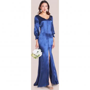 Navy Satin Viscose Front Split Maxi Dress