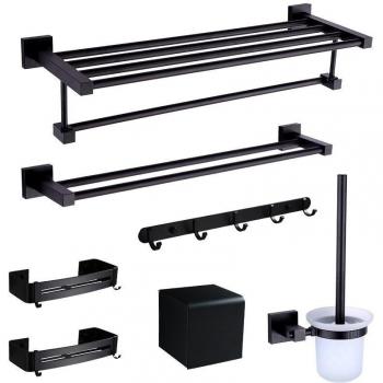 Accesorios de baño: soporte de papel, barra de toalla y escobilla en color negro